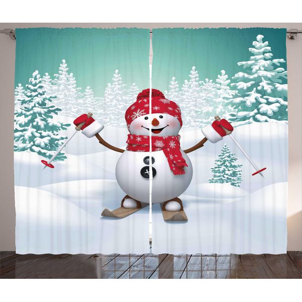 Abakuhaus Natale Tenda Rustica, Sciatori-Pupazzi Di Neve-Alberi, Soggiorno Tenda Universale Con Passanti E Ganci, 280 X 175 Cm, Verde Acqua Rosso Bianco-image