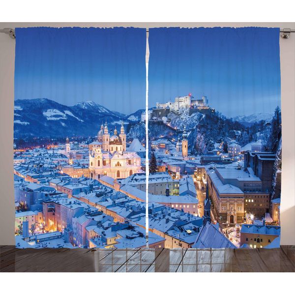 Abakuhaus Tenda Rustica Invernale, Città Storica Di Salisburgo, Tenda Con Nastro Arricciato Per Camera Da Letto Con Passanti E Ganci, 280 X 175 Cm, Blu-image
