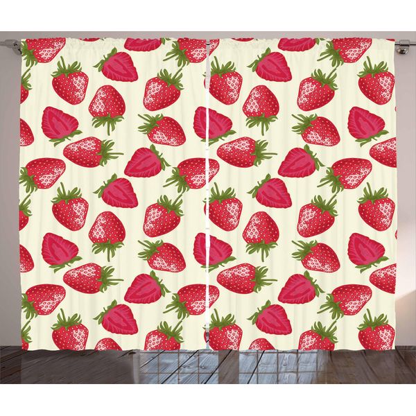 Abakuhaus Frutta Tenda Rustica, Fragole Vivid Food, Camera Da Letto Tenda Con Passanti E Ganci, 280 X 175 Cm, Verde Oliva Colori Guscio D'uovo Rosso-image