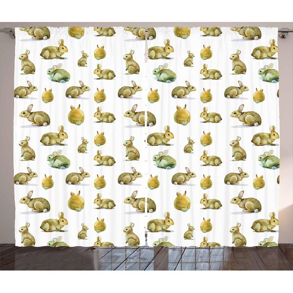 Abakuhaus Tenda Rustica Acquerellata, Coniglietti Pelosi, Tende Universali Per Soggiorno Con Passanti E Ganci, 280 X 175 Cm, Giallo Chiaro E Marrone Chiaro-image