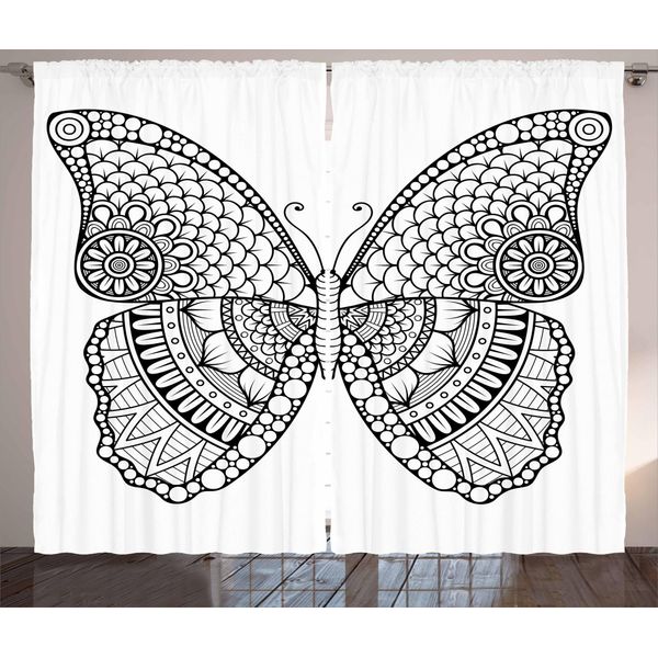 Abakuhaus Tenda Rustica In Henné, Motivo Monocromatico A Farfalle, Tenda Con Passanti E Ganci Per Camera Da Letto, 280 X 175 Cm, Bianco E Nero-image