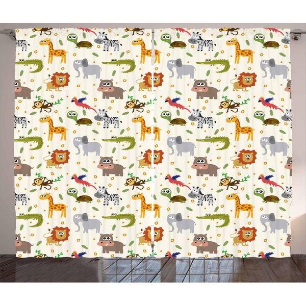 Abakuhaus Tenda Rustica Con Animali Cartoon, Childish Fauna, Tende Universali Per Soggiorno Con Passanti E Ganci, 280 X 175 Cm, Multicolore-image