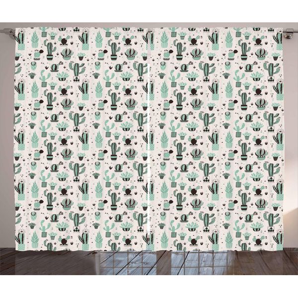 Abakuhaus Tenda Rustica Con Motivo Cactus, Pianta Geometrica Cartoon, Tende Universali Per Soggiorno Con Passanti E Ganci, 280 X 175 Cm, Menta, Nero, Beige-image
