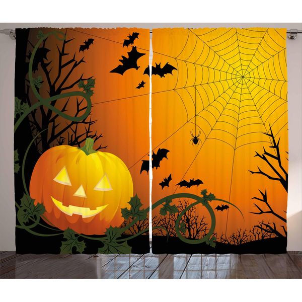 Abakuhaus Tenda Rustica A Ragnatela, Battitore Per Foglie Di Zucca, Tenda Con Passanti E Ganci Per Camera Da Letto, 280 X 175 Cm, Arancione Verde Scuro Nero-image