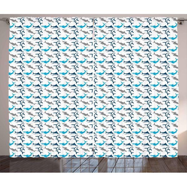 Abakuhaus Hai Tenda Rustica, Pericolose Profondità Marine, Tenda Con Passanti E Ganci Per Camera Da Letto, 280 X 175 Cm, Blu Grigio Blu-image