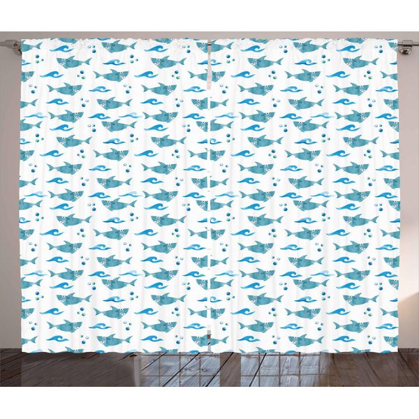 Abakuhaus Hai Tenda Rustica, Acquerello Animali Stupidi, Camera Da Letto Tenda Con Passanti E Ganci, 280 X 175 Cm, Blu Azzurro Bianco-image