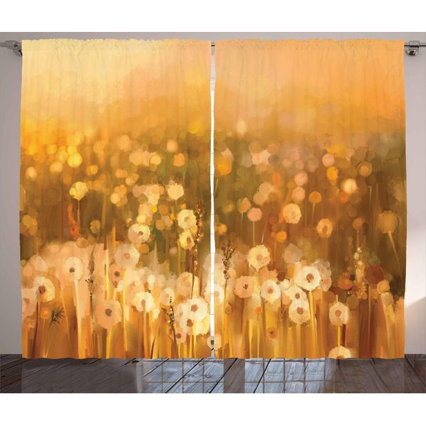 Abakuhaus Tenda Rustica Con Motivo A Denti Di Leone, Tramonto Primaverile Vintage, Tende Universali Per Soggiorno Con Passanti E Ganci, 280 X 175 Cm, Arancione Chiaro, Verde, Marrone-image