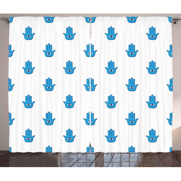 Abakuhaus Hamsa Tenda Rustica, Mano E Occhi Cartoon, Tenda Con Passanti E Ganci Per Camera Da Letto, 280 X 175 Cm, Blu Scuro E Blu-image