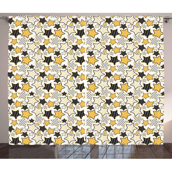 Abakuhaus Tenda Rustica Gialla, Stelle Retrò A Pois, Tenda Con Passanti E Ganci Per Camera Da Letto, 280 X 175 Cm, Marigold Nero Bianco-image