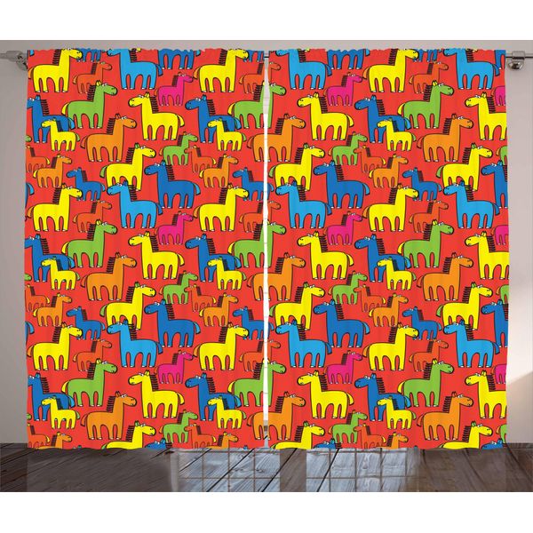 Abakuhaus Cavalli Tenda Rustica, Cartoon Stallion Farm, Tenda Con Passanti E Ganci Per Camera Da Letto, 280 X 175 Cm, Multicolore-image