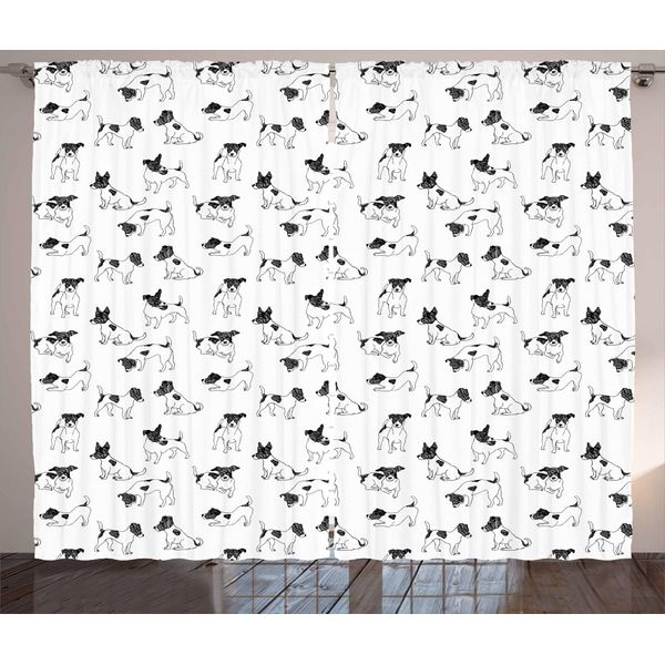Abakuhaus Amanti Dei Cani Tenda Rustica, Stile Sketch Terrier, Tenda Con Passanti E Ganci Per Camera Da Letto, 280 X 175 Cm, Bianco Nero-image