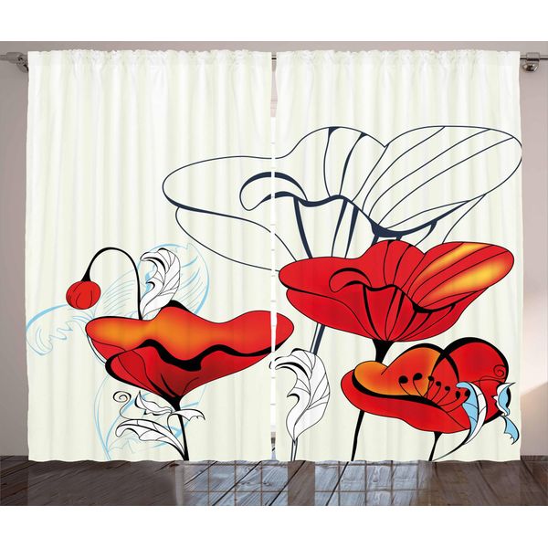 Abakuhaus Tenda Rustica Con Motivo A Papaveri, Rosette A Righe, Tende Universali Per Soggiorno Con Passanti E Ganci, 280 X 175 Cm, Rosso Pallido Blu Beige-image