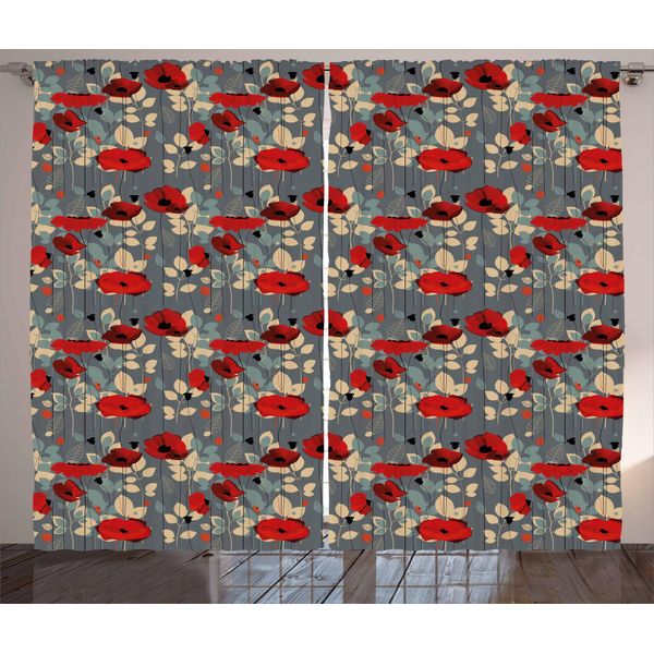 Abakuhaus Tenda Rustica Con Motivo Papaveri, Giardino Floreale Moderno, Tende Universali Per Soggiorno Con Passanti E Ganci, 280 X 175 Cm, Beige Grigio Rosso-image