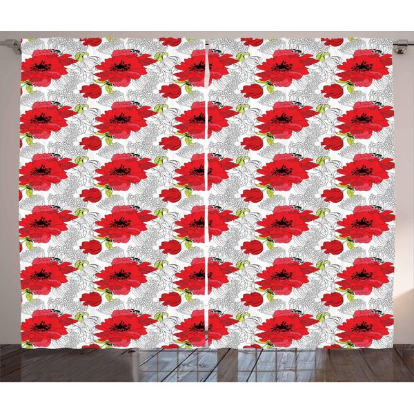 Abakuhaus Tenda Rustica Con Motivi Floreali, Bouquet Di Fiori Primaverili, Tenda Con Passanti E Ganci Per Camera Da Letto, 280 X 175 Cm, Rosso Cinabro, Nero, Verde-image