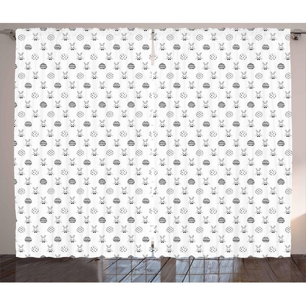 Abakuhaus Pasqua Tenda Rustica, Coniglietti E Uova Decorate, Soggiorno Nastro Universale Tende Con Passanti E Ganci, 280 X 175 Cm, Bianco Nero-image