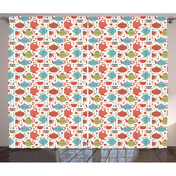 Abakuhaus Tea Party Tenda Rustica, Pentole, Tazze E Cucchiai, Camera Da Letto Tenda Con Passanti E Ganci, 280 X 175 Cm, Multicolore-image