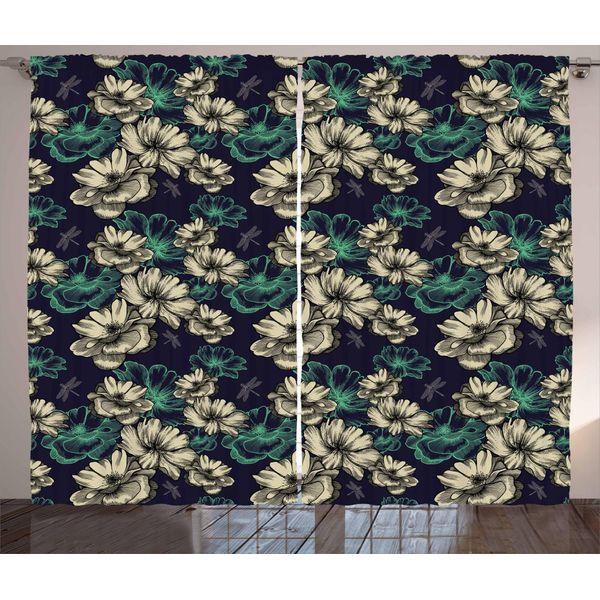 Abakuhaus Tenda Rustica, Fiori E Libellule, Soggiorno, Nastro Universale, Tende Con Passanti E Ganci, 280 X 175 Cm, Verde Menta E Blu Scuro-image