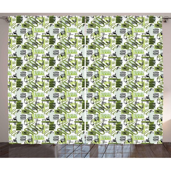 Abakuhaus Tenda Astratta Rustica, Linee Tribali Doodle, Tenda Universale Per Soggiorno Con Passanti E Ganci, 280 X 175 Cm, Verde Oliva Verde Chiaro Nero-image