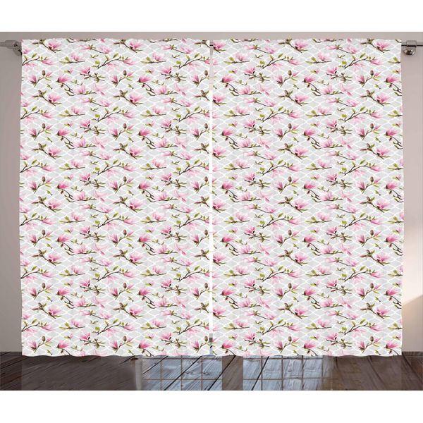 Abakuhaus Tenda Rustica Vintage, Motivo Floreale Magnolia, Tenda Universale Per Soggiorno Con Passanti E Ganci, 280 X 175 Cm, Grigio Chiaro Verde-image