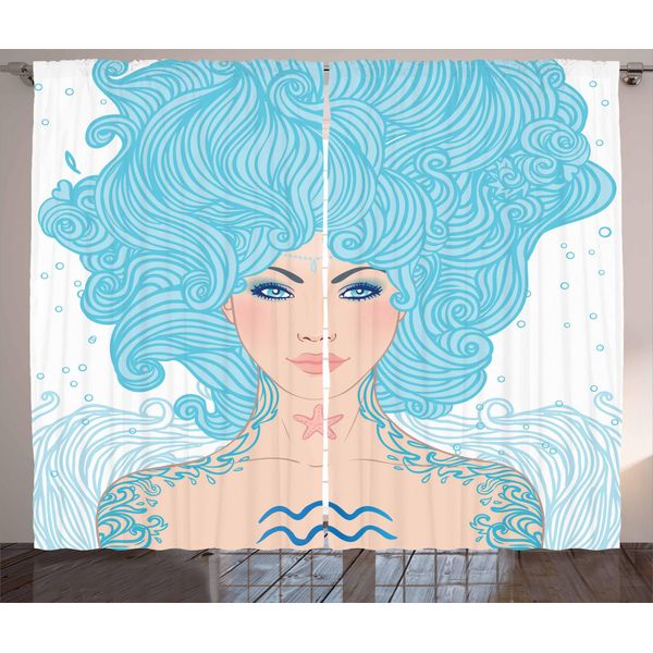 Abakuhaus Segno Zodiacale Acquario Tenda Rustica, Donna Blu, Soggiorno Tenda Universale Con Passanti E Ganci, 280 X 175 Cm, Pesca Chiaro Rosso Corallo Acqua-image