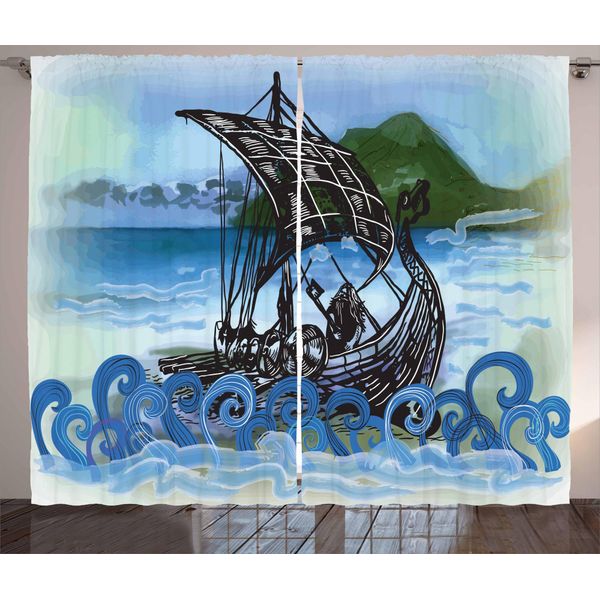 Abakuhaus Tenda Rustica Nordica, Drekar Boot Krieger Meer, Tenda Con Passanti E Ganci Per Camera Da Letto, 280 X 175 Cm, Nero Verde Blu-image