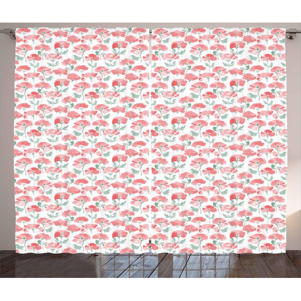Abakuhaus Tenda Rustica Con Motivo Papaveri, Acquerello Primavera Campo, Tende Universali Per Soggiorno Con Passanti E Ganci, 280 X 175 Cm, Verde Reseda Rosso Corallo-image