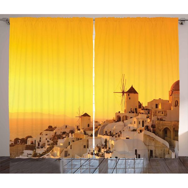 Abakuhaus Grecia Tenda Rustica, Sunset Santorini Vacanze, Tenda Con Passanti E Ganci Per Camera Da Letto, 280 X 175 Cm, Marigold Avorio E Marrone-image