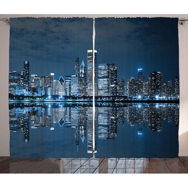 Abakuhaus Chicago Skyline Tenda Rustica, Città Addormentata, Camera Da Letto Tenda Con Nastro Arricciato, Passanti E Ganci, 280 X 175 Cm, Blu Notte Grigio-image
