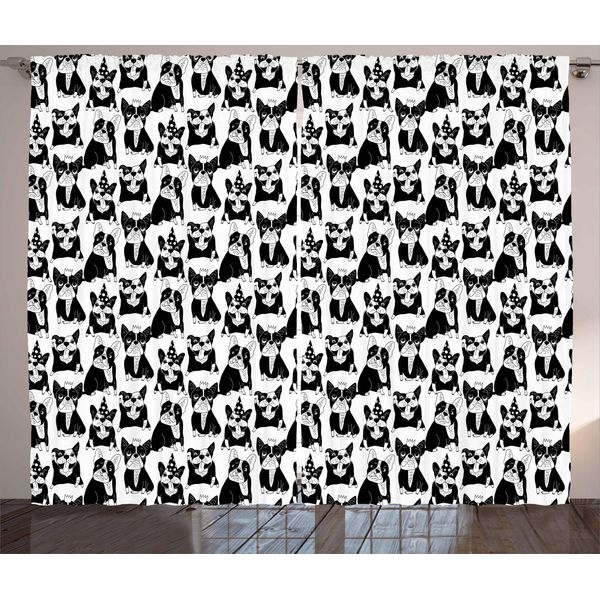 Abakuhaus Tenda Rustica Bulldog, Doodle Cuccioli Divertenti, Tenda Con Passanti E Ganci Per Camera Da Letto, 280 X 175 Cm, Bianco E Nero-image