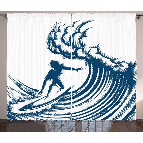 Abakuhaus Surf Tenda Rustica, Cavalcando Un'onda Gigante, Tenda Con Passanti E Ganci Per Camera Da Letto, 280 X 175 Cm, Blu E Bianco-image