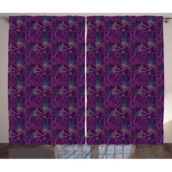 Abakuhaus Tenda Rustica Con Motivo Calamaro, Fauna Marina, Tende Universali Per Soggiorno Con Passanti E Ganci, 280 X 175 Cm, Viola Scuro E Verde Chiaro-image