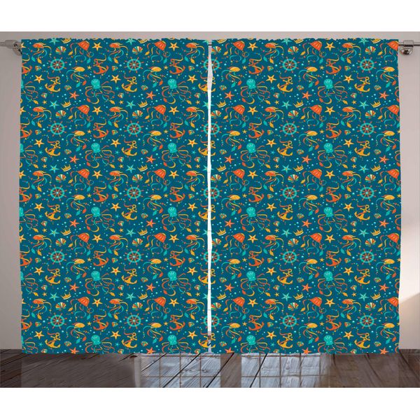 Abakuhaus Tenda Rustica Con Motivo A Calamari, Tropical Cartoon Fauna, Tende Universali Per Soggiorno Con Passanti E Ganci, 280 X 175 Cm, Verde Acqua, Arancione E Giallo-image