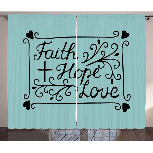 Abakuhaus Hoffen Tenda Rustica, Tema Fiori-Cuori-Speranza, Tende Universali Per Soggiorno Con Passanti E Ganci, 280 X 175 Cm, Azzurro E Nero-image