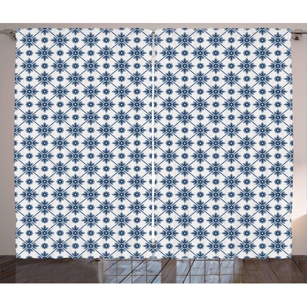 Abakuhaus Tenda Rustica Olandese, Rombi E Fiori, Tenda Universale Per Soggiorno Con Passanti E Ganci, 280 X 175 Cm, Blu Scuro E Bianco-image