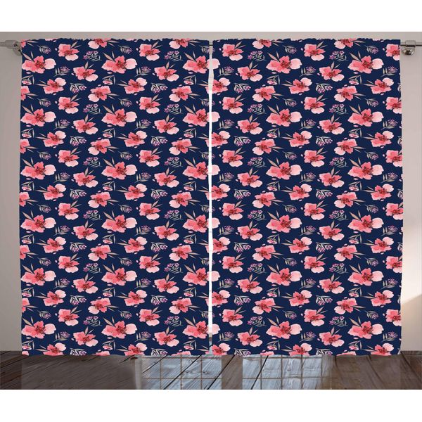 Abakuhaus Tenda Rustica Con Motivi Floreali, Vibrant Tropical Blooms, Tenda Universale Per Soggiorno Con Passanti E Ganci, 280 X 175 Cm, Indigo Coral Pale Pink-image