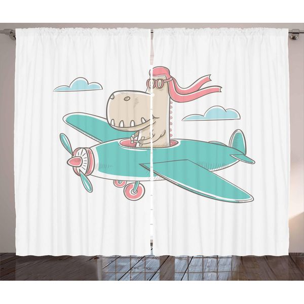 Abakuhaus Tenda Rustica Con Dinosauri, Dinosauri In Aereo, Tende Universali Per Soggiorno Con Passanti E Ganci, 280 X 175 Cm, Turchese Color Guscio D'uovo-image