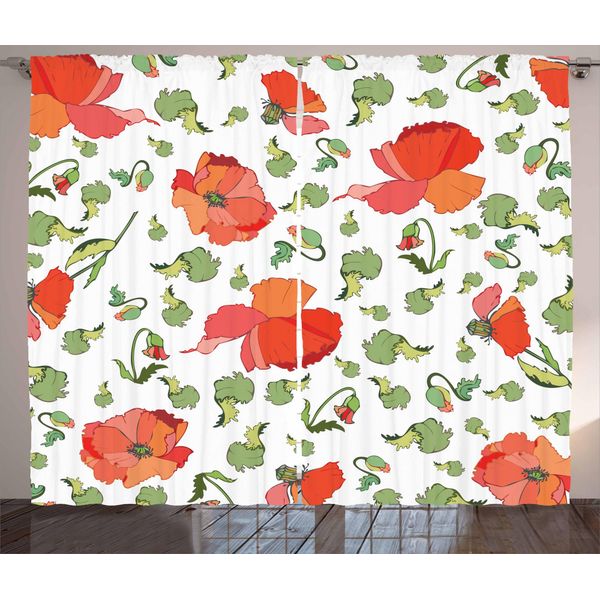 Abakuhaus Tenda Rustica Con Motivi Di Papaveri, Boccioli E Petali, Tende Universali Per Soggiorno Con Passanti E Ganci, 280 X 175 Cm, Rosso Cinabro Rosso Corallo-image