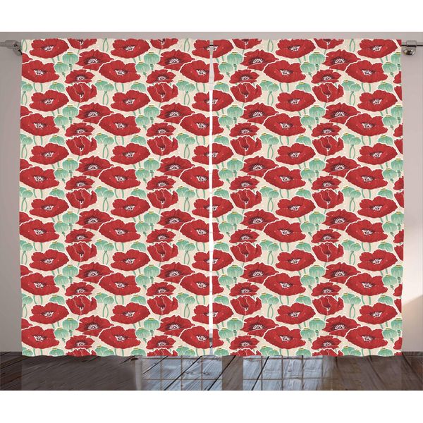 Abakuhaus Tenda Rustica Con Motivo Papaveri, Grafica Giardino Primaverile, Tende Universali Per Soggiorno Con Passanti E Ganci, 280 X 175 Cm, Verde Menta E Beige-image