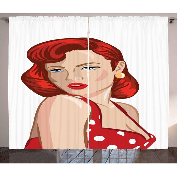 Abakuhaus Pin Up Girl Tenda Rustica, Capelli Arricciati Color Zenzero, Tenda Con Passanti E Ganci Per Camera Da Letto, 280 X 175 Cm, Pesca Pallida Scarlatta-image