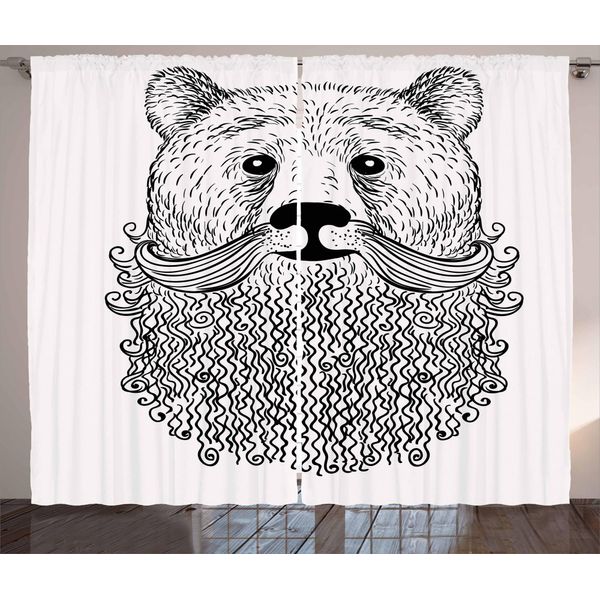 Abakuhaus Tenda Rustica Indie, Orso Doodle Con Barba, Tende Universali Per Soggiorno Con Passanti E Ganci, 280 X 175 Cm, Bianco Nero-image