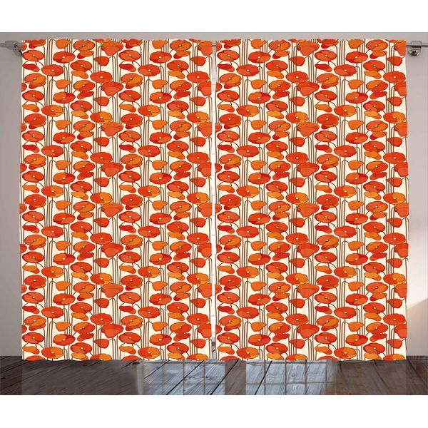 Abakuhaus Fiori Tenda Rustica, Papaveri Retro Primavera, Soggiorno Nastro Universale Tende Con Passanti E Ganci, 280 X 175 Cm, Arancione E Avorio-image