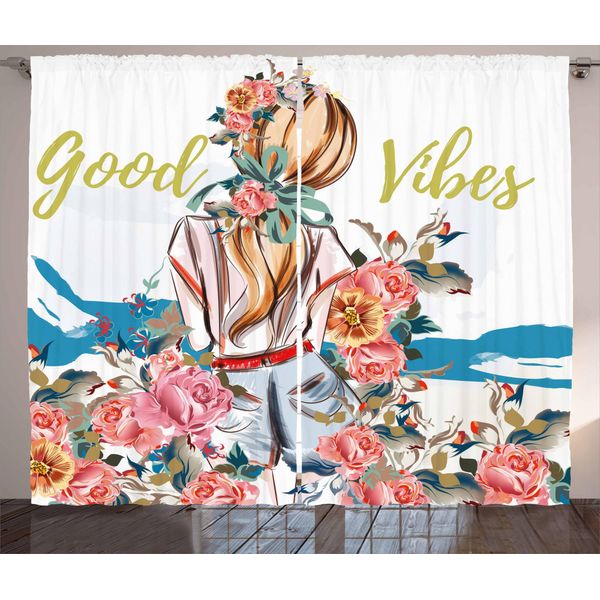 Abakuhaus Good Vibes Tenda Rustica, Rosa In Fiore, Tenda Con Passanti E Ganci Per Camera Da Letto, 280 X 175 Cm, Multicolore-image