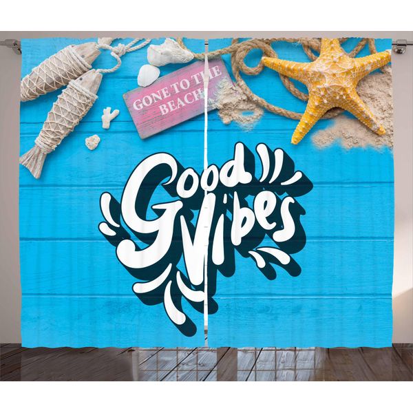 Abakuhaus Good Vibes Tenda Rustica, Vacanze Estive Al Mare, Tenda Con Passanti E Ganci Per Camera Da Letto, 280 X 175 Cm, Blu, Rosa Calendula-image