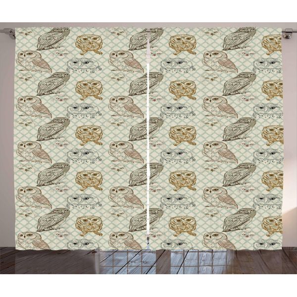 Abakuhaus Tenda Rustica Con Gufo, Disegno Gatto, Uccelli, Camera Da Letto Tenda Con Passanti E Ganci, 280 X 175 Cm, Verde Reseda Marrone-image
