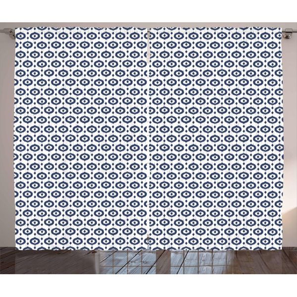 Abakuhaus Tenda Rustica Ikat, Motivi Tradizionali A Cerchi, Tenda Con Passanti E Ganci Per Camera Da Letto, 280 X 175 Cm, Blu Notte E Bianco-image