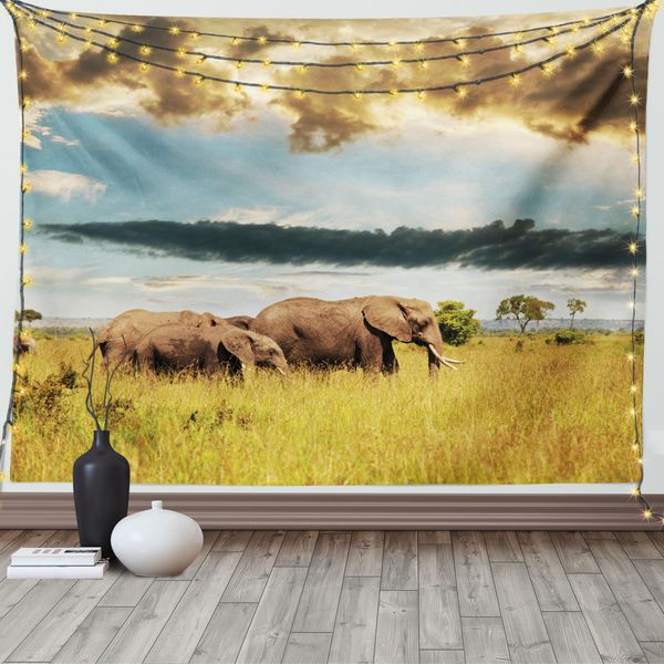 Abakuhaus Arazzo Africano, Foto Di Famiglia Con Elefante, Soggiorno Camera Da Letto Casa Arazzo In Raso Setoso, 200 X 150 Cm, Giallo Grigio Blu-image