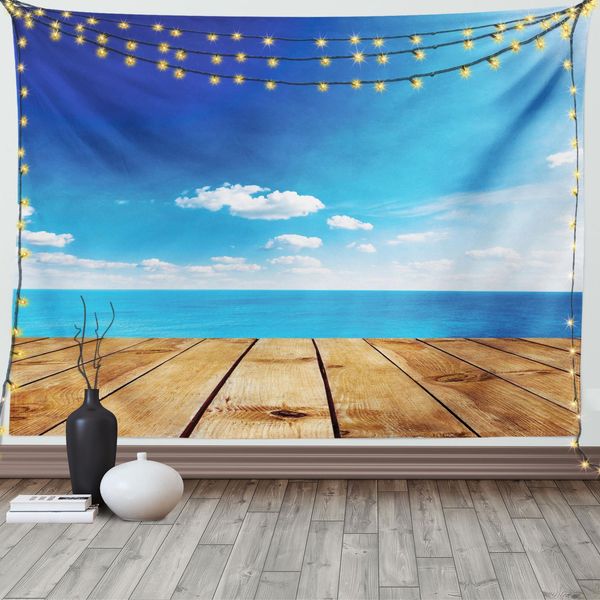 Abakuhaus Arazzo Nautico, Seascape Nuvoloso Spiaggia, Soggiorno Camera Da Letto Telo Da Parete Arazzo In Raso Setoso, 150 X 100 Cm, Marrone Bianco Blu-image