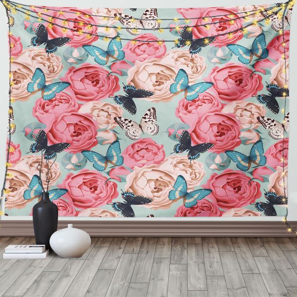 Abakuhaus Arazzo Colorato, Peony Rose Butterflies, Arazzo Per Soggiorno E Camera Da Letto, Arazzo In Raso Setoso, 150 X 100 Cm, Multicolore-image