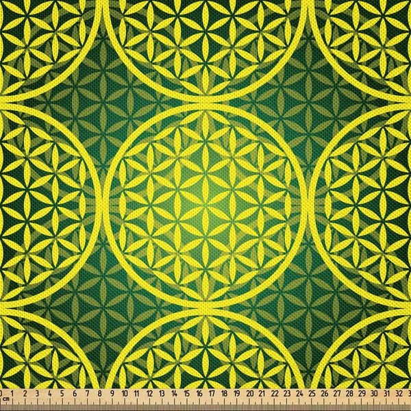 Abakuhaus Tessuto Satinato Astratto Venduto Al Metro, Moderno Fiore Chiaro Della Vita Meditazione Antico Codice Icone Illustrazione, 5 M (148 X 500 Cm), Giallo Verde Cacciatore-image