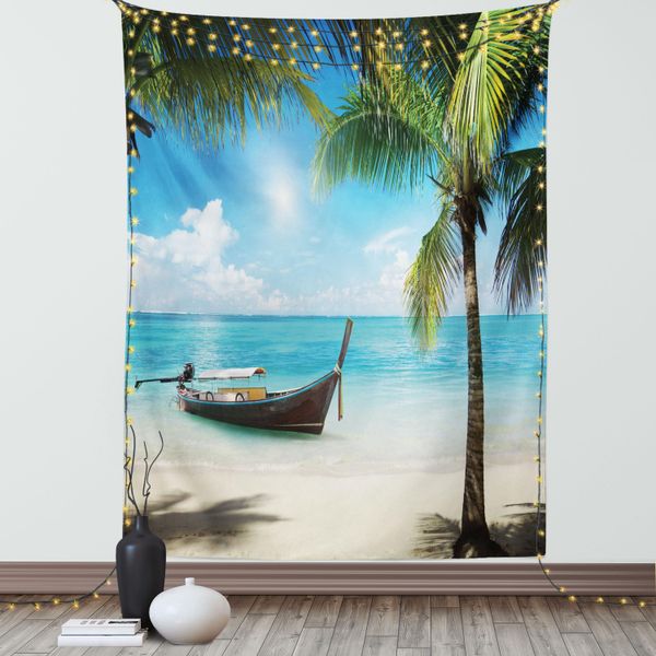 Abakuhaus Arazzo Nautico, Piccola Barca Nell'atlantico Dominican Sunny Sea E Immagine Di Palme, Soggiorno Camera Da Letto Arazzo In Raso Setoso, 150 X 200 Cm, Verde Acquamarina Cocco-image